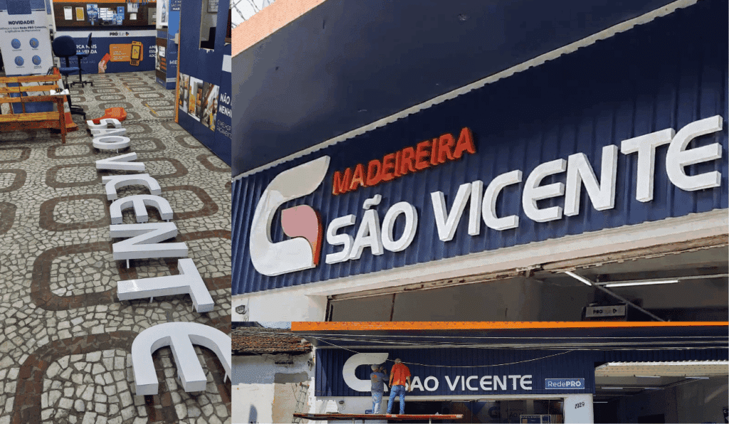 Fachada em metal com letras com PVC Expandido Espelhado na cor branca. A empresa fica localizada na cidade de São Vicente-SP.